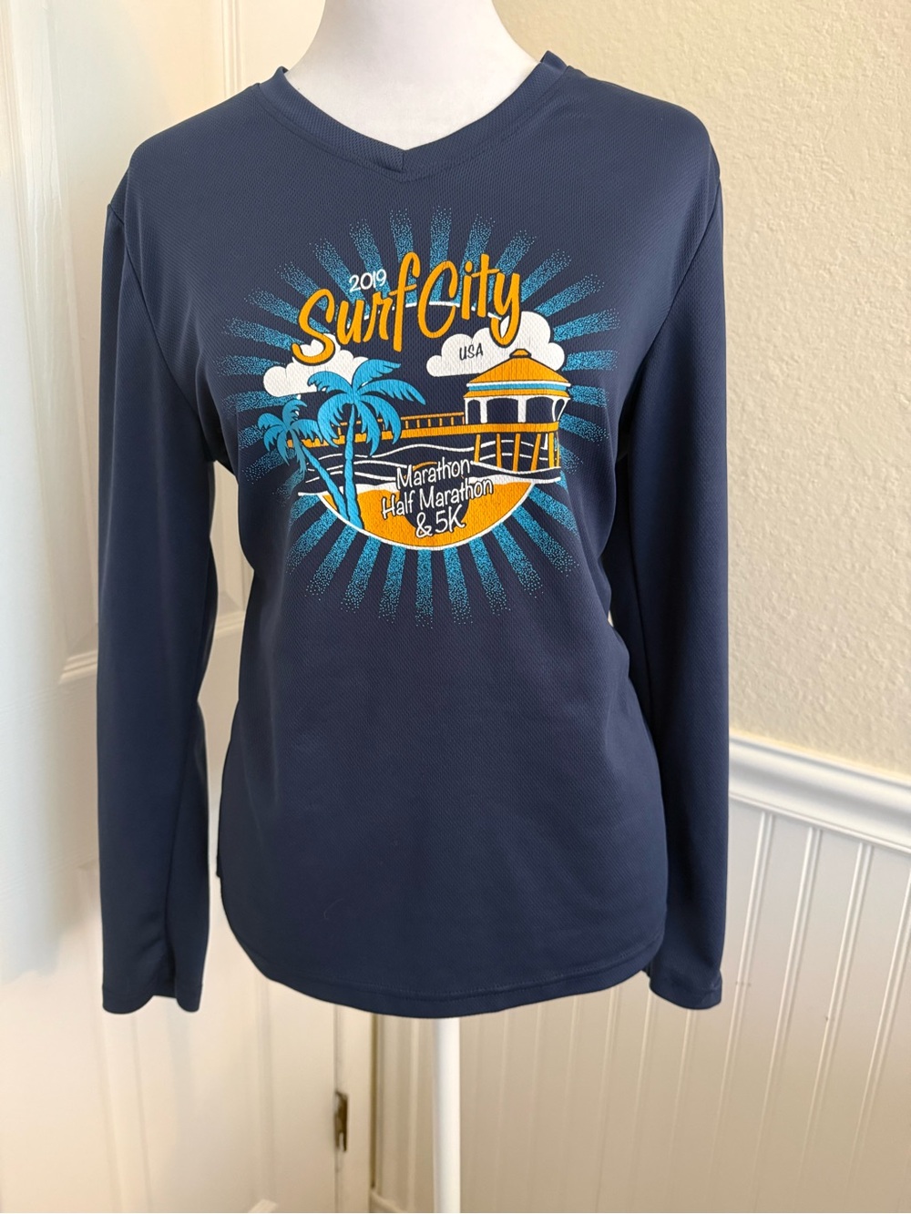 Surf City 2019 Navy Long-Sleeve V-Neck Graphic Tee